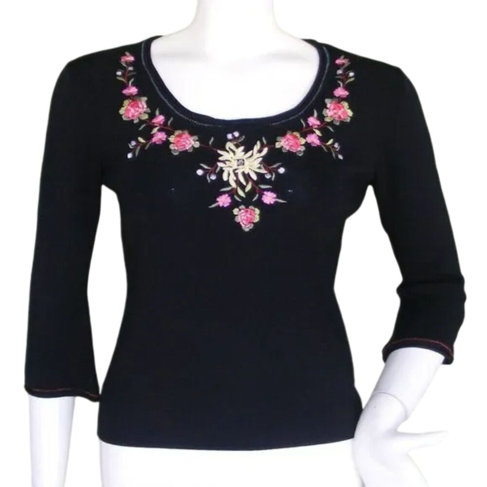 J.A.C. Top, L, Black, Floral Embroidery, Black, Scoop neck